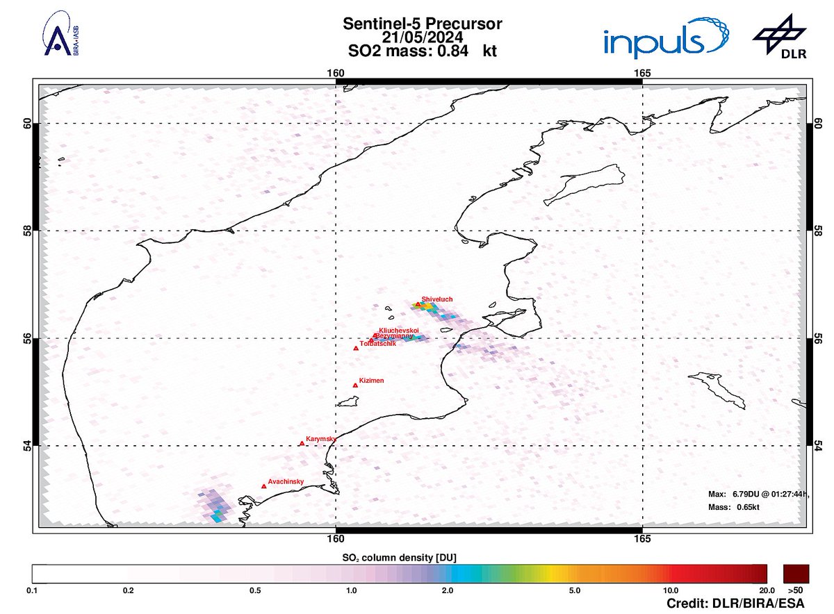On 2024-05-21 #TROPOMI has detected an enhanced SO2 signal of 6.79DU at a distance of 6.0km to #Shiveluch. Other nearby sources:  #Kliuchevskoi #Bezymianny #Tolbatschik. #DLR_inpuls @tropomi #S5p #Sentinel5p @DLR_en @BIRA_IASB @ESA_EO #SO2LH