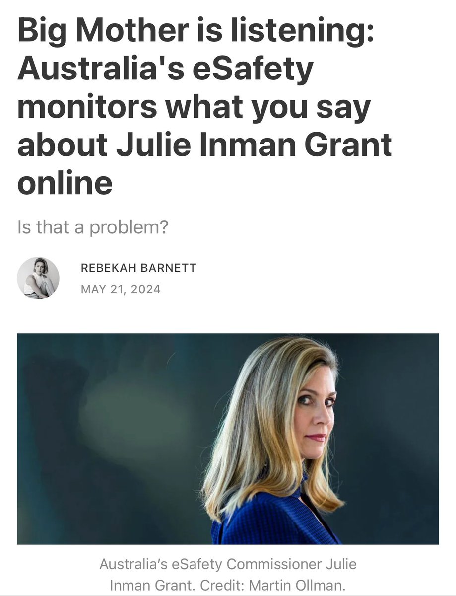 Australians should take pride in knowing that every post about our eSafety Commissioner is watched and reported back to her. There is no reason to be concerned about privacy or free speech.

I applaud @tweetinjules for her dedication to keeping us safe!