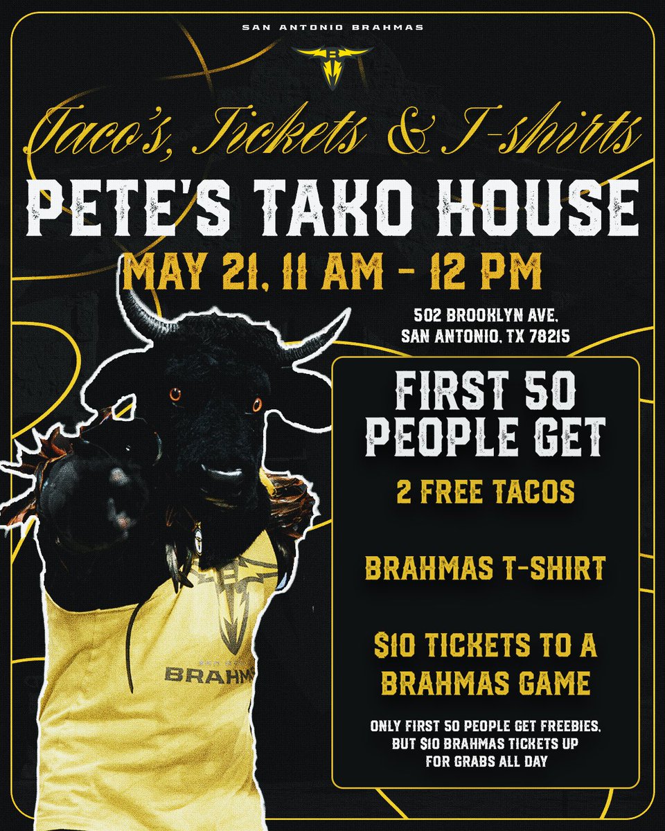Join us tomorrow at Pete’s Tako House for Tacos 🌮, Tickets 🎟️, and T-Shirts from 11 AM- 12 PM! First 50 people will receive: 2 free tacos 🌮 Brahmas T-Shirt 👕 $10 🎟️ to a Brahmas Game VAMOS, SAN ANTONIO! PACK THE DOME 🆚 the STALLIONS theufl.com/tickets 🎟️ #UFL