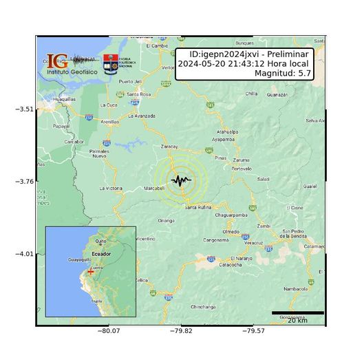 #SISMO ID:igepn2024jxvi Preliminar 2024-05-20 21:43:12 TL Magnitud: 5.7 Profundidad: 55 km, a 17.41 km de Pinas, El Oro, Latitud: -3.76 Longitud:-79.82 Ecuador. Sintió este sismo (débil, fuerte, muy fuerte)? Cuéntenos en dónde?