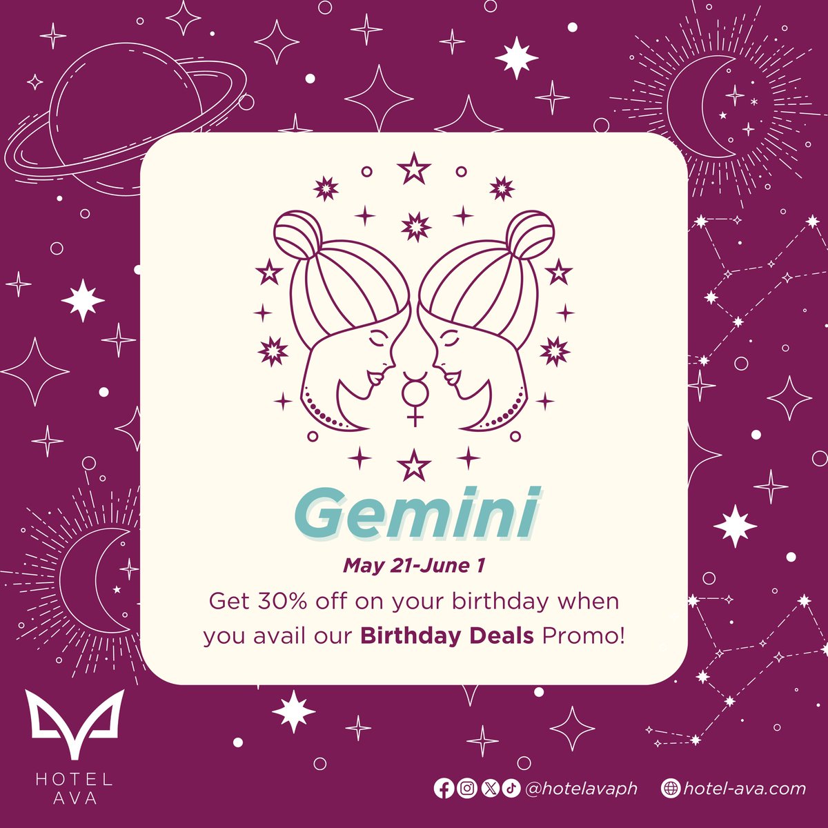 It's Gemini Season! ♊️ Celebrate your
birthday with us and get 30% off in our rooms. Send
us a message to learn more about our Birthday Treat
Promo! 🥳🎂

🌐 WEBSITE: hotel-ava.com
📍 LOCATIONS: Malate, Gil Puyat, Cuneta

#HotelAva
#BirthdayPromo