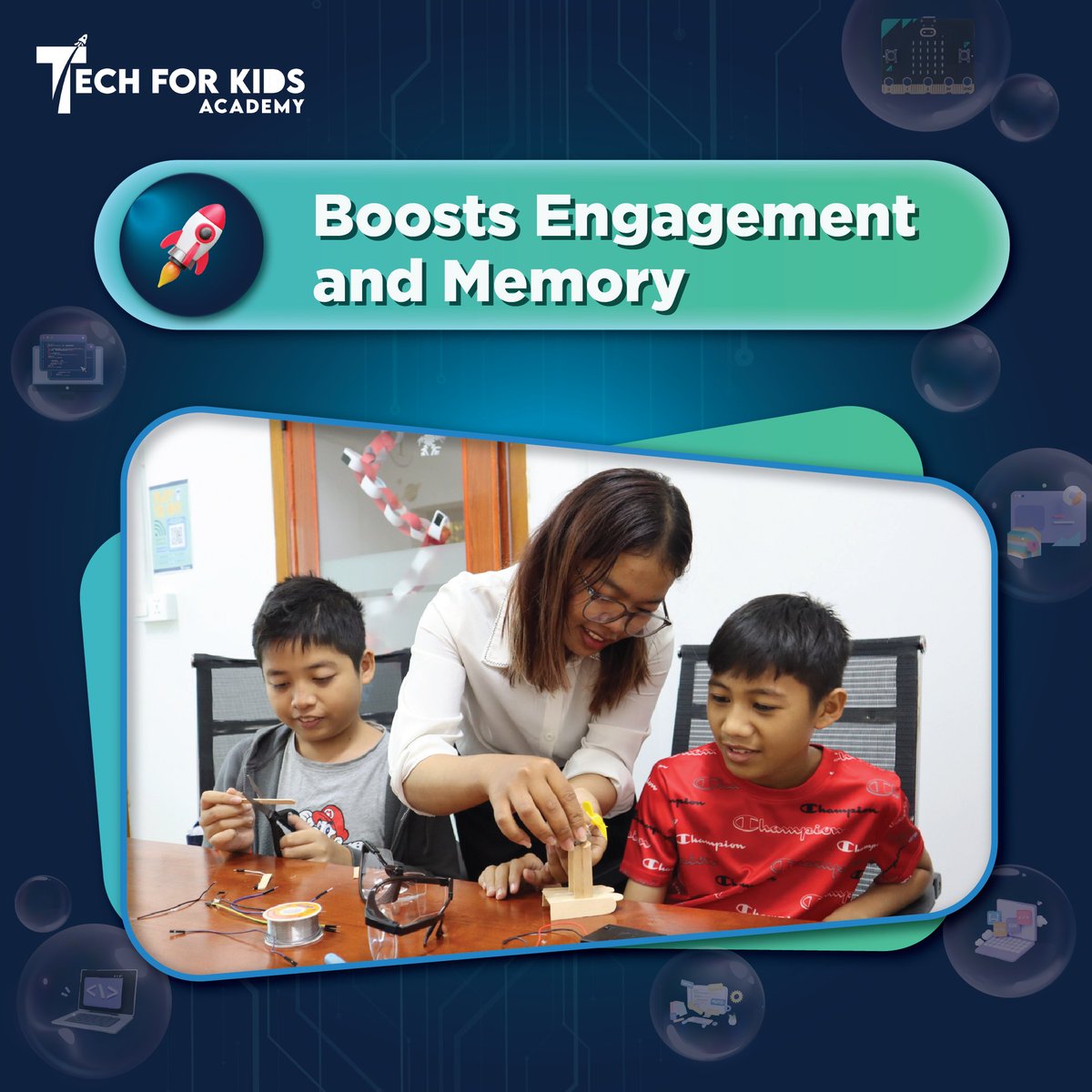 TechforKidsAcad's tweet image. Hands-on learning makes lessons engaging &amp;amp; memorable! 🧠 Kids grasp concepts better &amp;amp; develop problem-solving skills. 💪🏼 At Tech for Kids Academy (ages 6-18), we combine theory with hands-on projects led by our passionate teachers. #TechEducation #Techforkidsacademy