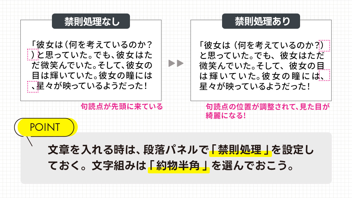 チラシやLP制作などで、長めの文章を入れたいときは「禁則処理」が必須です。句読点の位置が文の先頭に来てしまうのを自動で直してくれます☺️自分で改行したり調整する手間が省けますので、ぜひ「段落パネル」から設定してね！フォトショもイラレも同じです✨