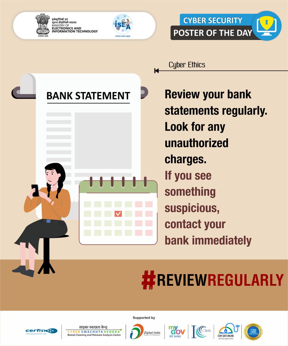 Review your spending daily to avoid unauthorized transactions and maintain financial security #UPI #CreditCard #BankStatements #OnlineTransaction 🏧 📝 😱 #ISEA #DigitalNaagrik #CyberSecurity #MEITY @_DigitalIndia @GoI_MeitY