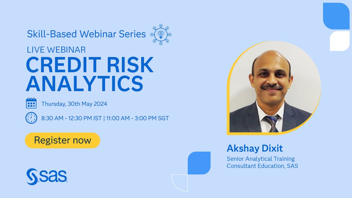 Meet Akshay Dixit, SAS Senior Analytical Training Consultant. Join our webinar on Credit Risk Analytics led by Akshay for key insights and strategies. Don't miss out! Register now 2.sas.com/6012jl9dy #SASWebinar #CreditRiskAnalytics