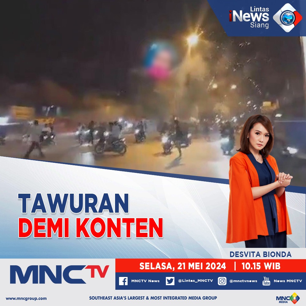 Kelompok remaja di  Surabaya, Jawa Timur melakukan aksi tawuran dengan membawa sajam. Ironisnya, aksi tersebut direkam dan dibuat konten di media sosial.

Saksikan Lintas iNews Siang
'Tawuran Demi Konten'
Selasa, 21 Mei 2024 Pukul 10.15 WIB
Hanya di MNCTV!