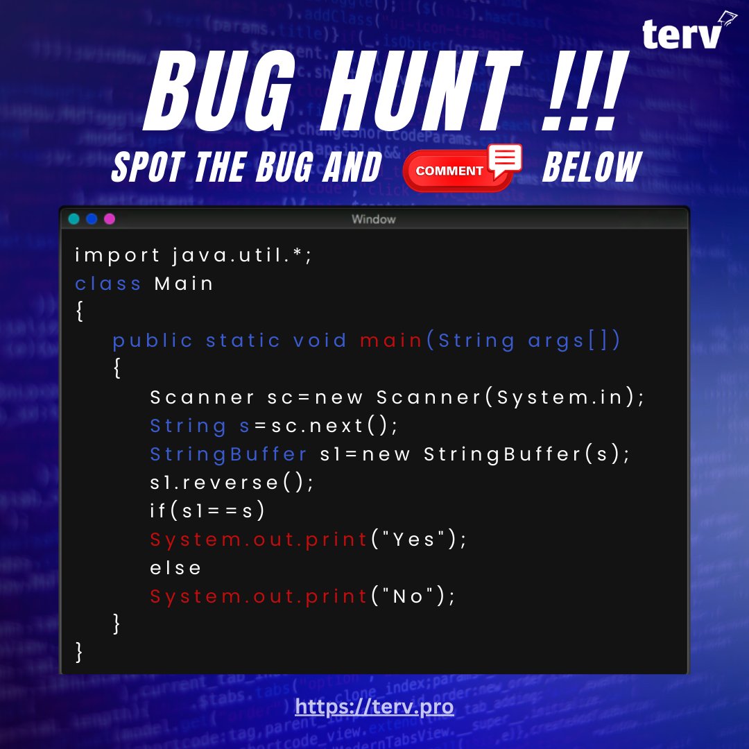 TervProTech's tweet image. There's a bug hiding in the code.👨💻
Think you can catch it?📝🔍
Spot the error and comment below to show off your debugging skills!
#BugHunt #FindTheBug #CodingErrors #SpotTheBug #CodeBusters #DebuggingMasters #CodeDetectives #TervPro