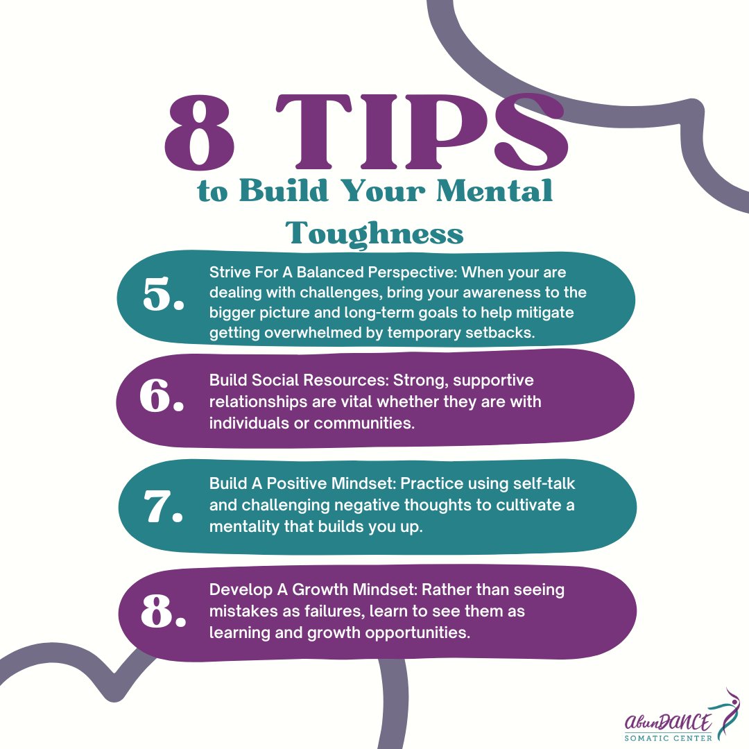 DANCESomatic's tweet photo. 8 tips to help build your #mentaltoughness. What's your favorite tip?
#abundancesomaticcenter #mentalhealth #sport #sports #athletes #sportpsychology #sportpsych #mentalskills #mentalskillscoach #sportandperformance #mentaltoughness #mentaltough #mentaltoughnesstraining https://t.co/nRZ7eq12Ck
