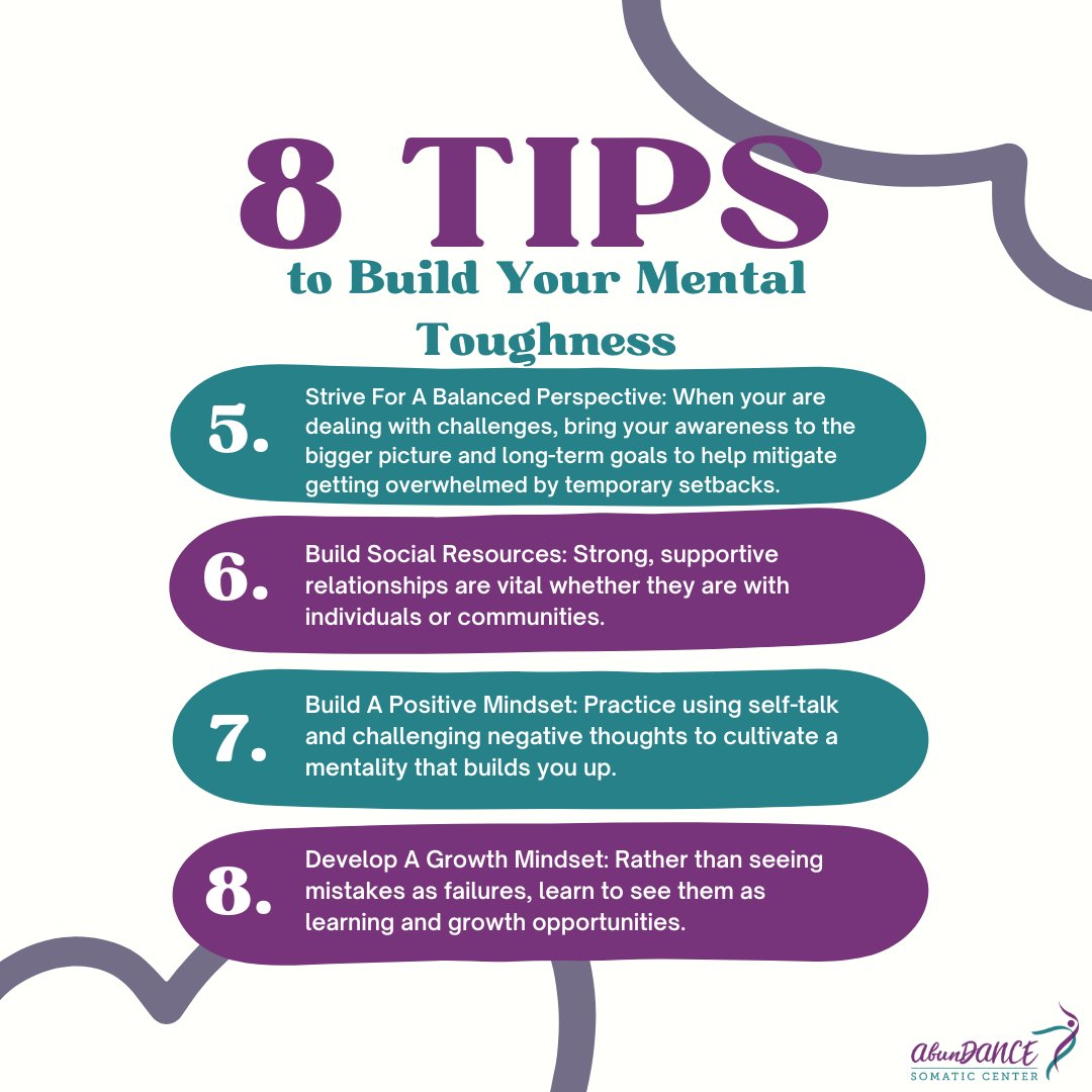 8 tips to help build your #mentaltoughness. What's your favorite tip? 
#abundancesomaticcenter #mentalhealth #sport #sports #athletes #sportpsychology #sportpsych #mentalskills #mentalskillscoach #sportandperformance  #mentaltoughness #mentaltough #mentaltoughnesstraining