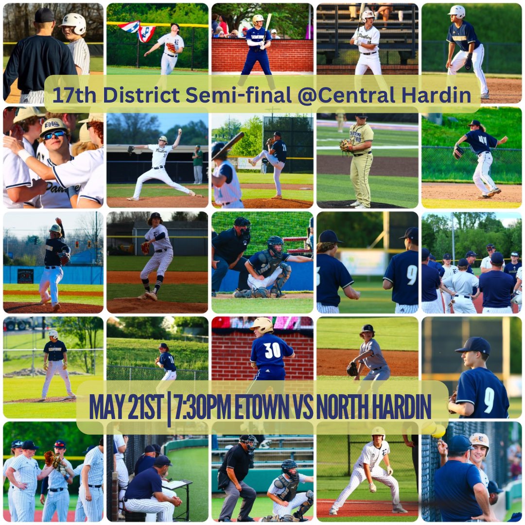 17th District Semifinals!! Go Panthers! 🐾⚾️ Etown vs North Hardin! 🗓️ Tuesday May 21st ⏰ 7:30PM 🏟️ Central Hardin High School 🎟️ gofan.co/event/1513692?…