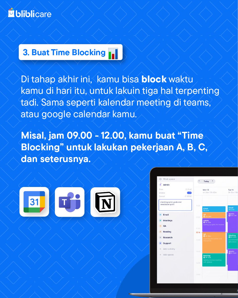 BlibliCare's tweet image. To-do list out, time blocking in! 🌟 

Cek cara kerja Elon Musk buat ngatur tugas tugasnya nih, Blifriends! Cobain deh, dan rasain transformasi hari kamu bisa jadi super efisien!🐎

#TimeBlocking #WorkSmart