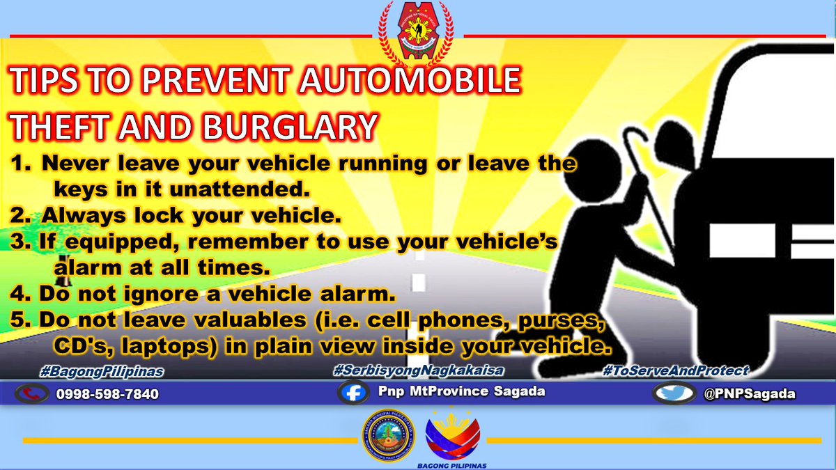 PNPSagada's tweet photo. TIPS TO PREVENT AUTOMOBILE
THEFT AND BURGLARY
#BagongPilipinas
#SaBagongPilipinasAngGustongPulisLigtasKa
#MahusayMatatagAtMaaasahanNaKapulisan https://t.co/0uaS2jie4c