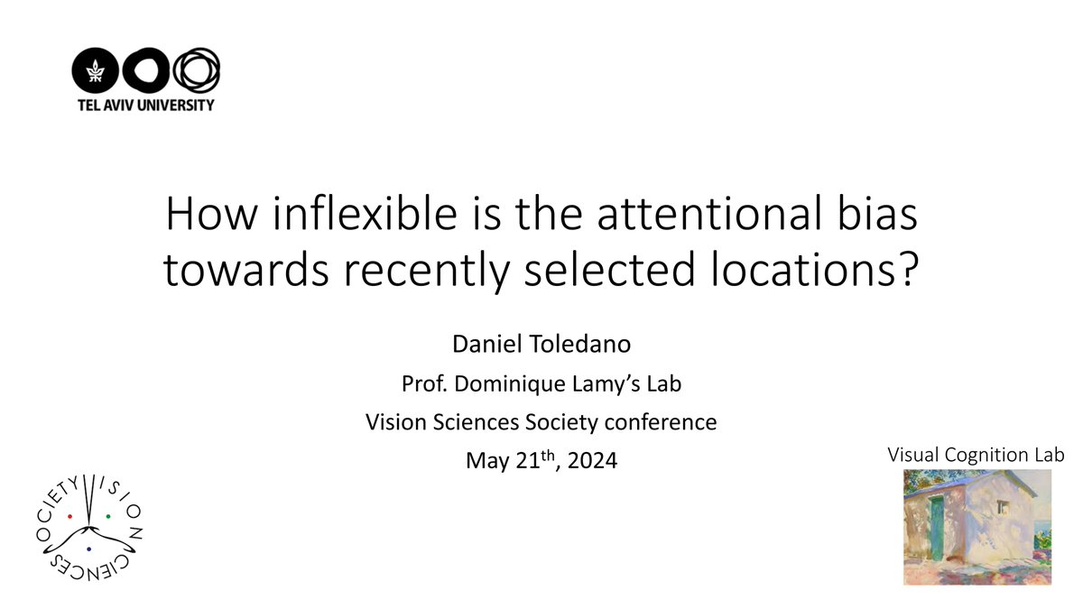 Daniel Toledano @toledanodaniel7.bsky.social (@toledanodaniel7) on Twitter photo Giving a talk tomorrow at the <a href="/VSSMtg/">VSS Meeting</a> - drop by to find out if there is a way to overcome attentional biases to recently selected locations.
Talk Room 2 at 12:00.
See you! #vss2024 Giving a talk tomorrow at the <a href="/VSSMtg/">VSS Meeting</a> - drop by to find out if there is a way to overcome attentional biases to recently selected locations.
Talk Room 2 at 12:00.
See you! #vss2024
