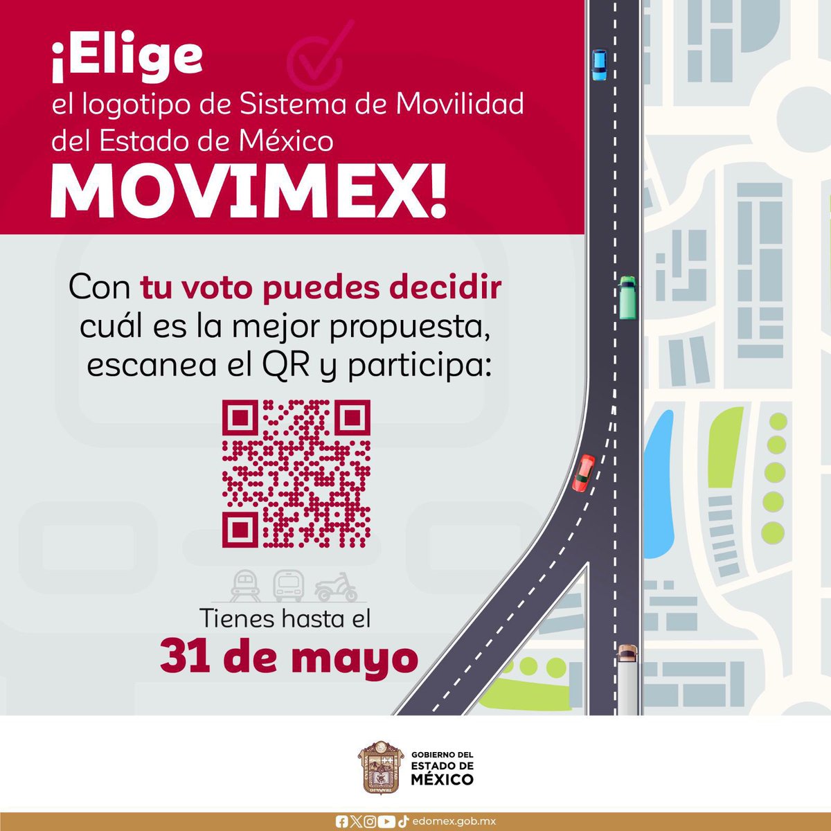 Participa en la selección del logotipo para el Sistema de Movilidad del Estado de México. Tienes hasta el 31 de mayo para votar por tu favorito. 📌Accede al QR o al siguiente enlace: smovilidad.edomex.gob.mx y vota.