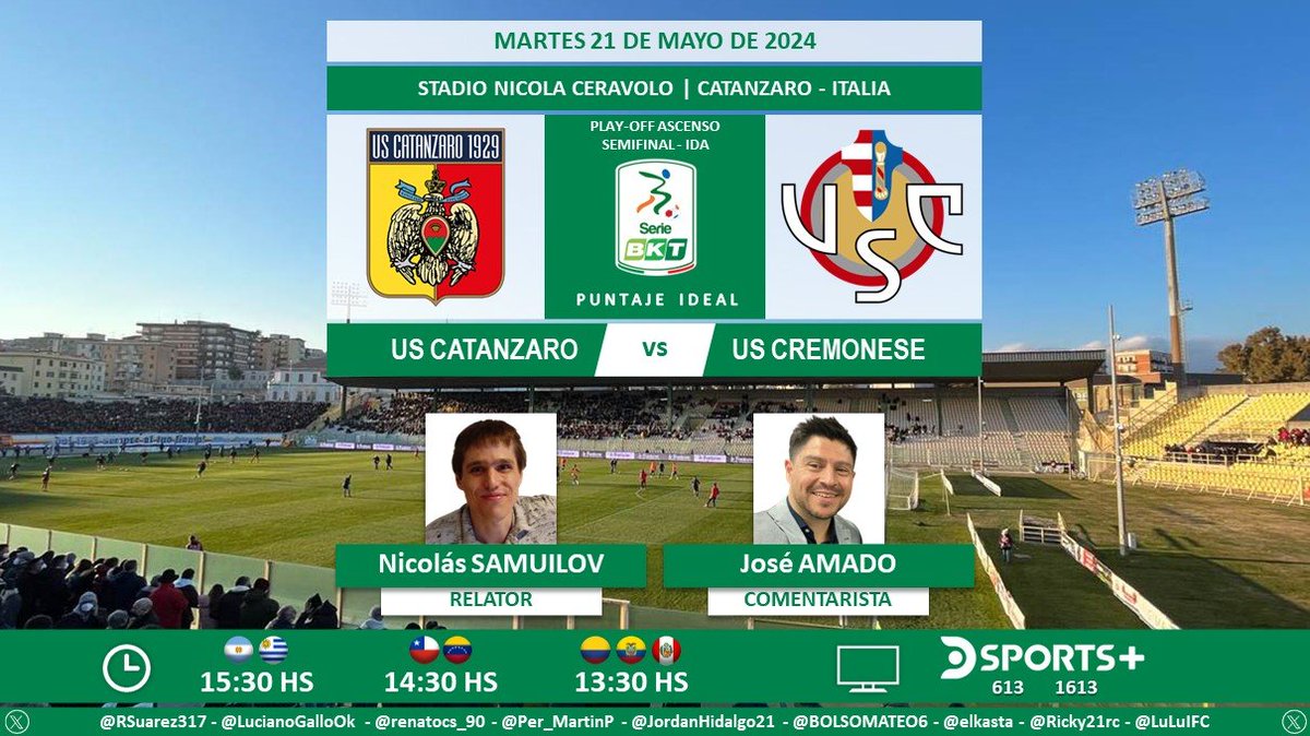 ⚽ #SerieB 🇮🇹 | #Catanzaro vs. #Cremonese 🎙 Relator: @NicolasSamuilov 🎙 Comentarista: @joselitoamado 📺 @DSports + (613-1613) Sudamérica 💻📱 @DGO_Latam 🤳 #FutbolEnDSPORTS - #SerieBKT Dale RT 🔃