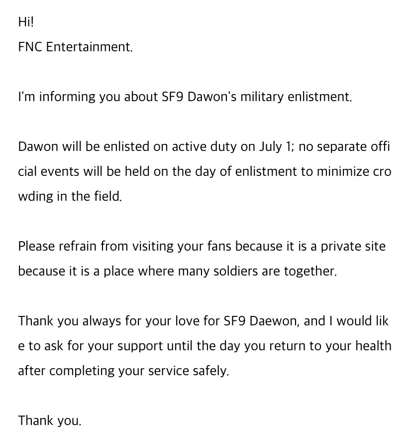 📢#DAWON MILITARY ENLISTMENT 🚨Dawon will enter on active duty on July 1st🚨 #다원 #SF9 #에스에프나인