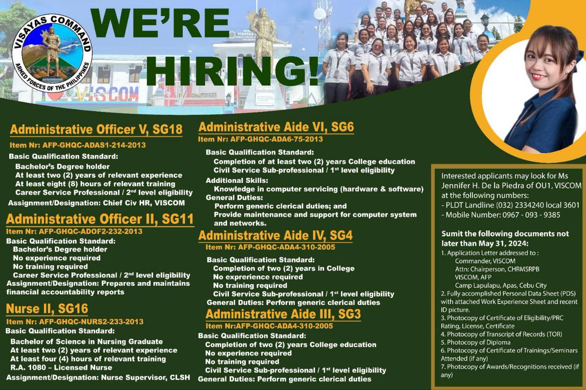 WE'RE HIRING || VISCOM OPENS ITS DOOR FOR CIVILIAN HR PROFESSIONALS

Forming part of its commitment to enhancing operational efficiency, the Visayas Command (VISCOM) is thrilled to announce its recruitment/hiring of new Civilian Human Resource personnel to be part of Team VISCOM.