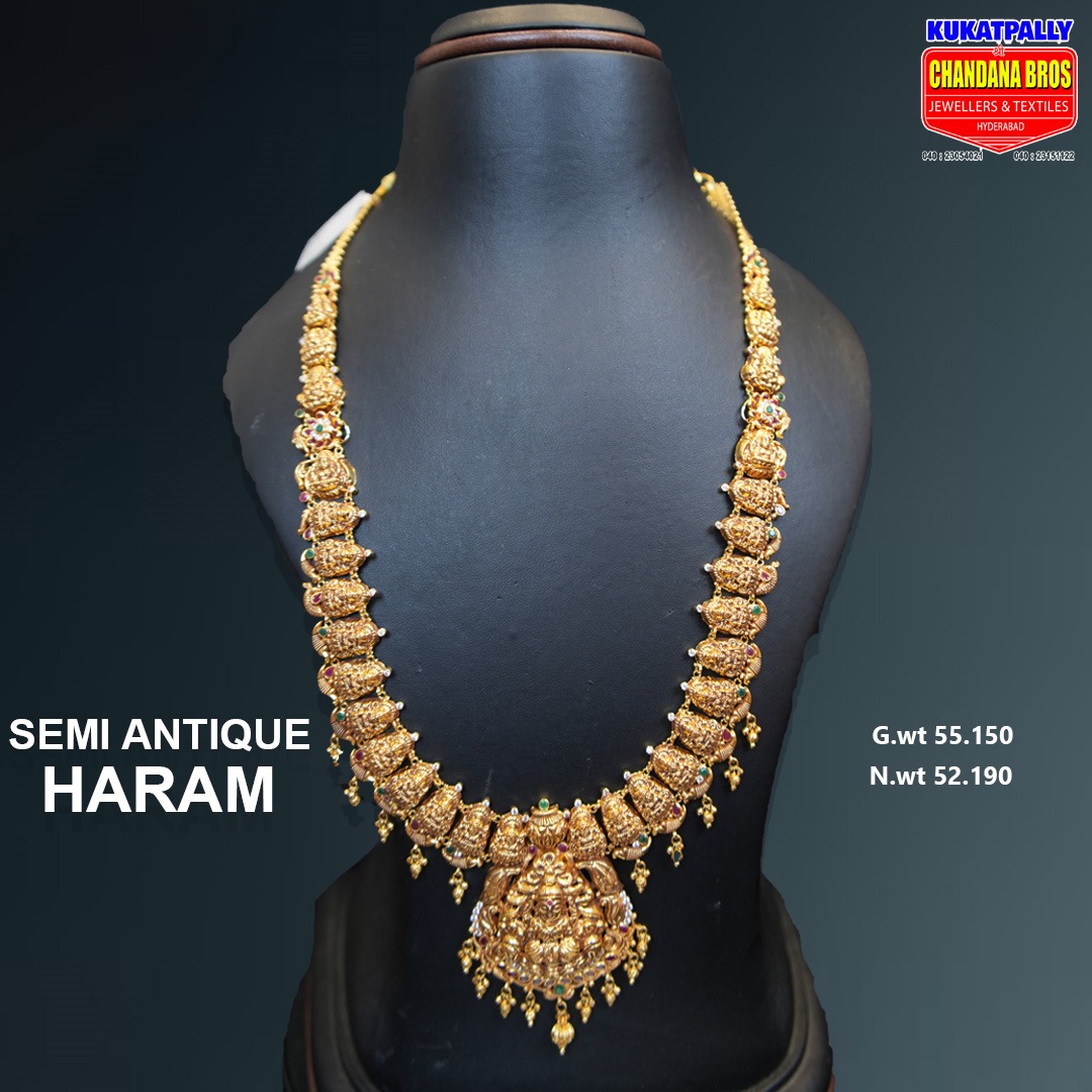 Semi Antique Haram G.wt : 55.150 gms, N.wt :52.190 gms Call/WhatsApp +919704477744 Designed by Chandana Brothers KPHB. . . . . . . #antiquenecklace #necklace #goldnecklace #semiantiqueharam #haram #longharam #antiqueharam #bridaljewellery #fashion #jewels #style #lastestjewellery