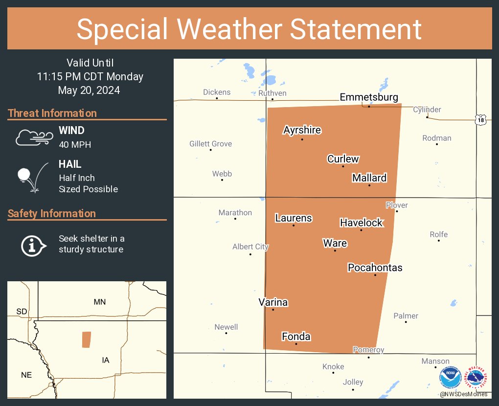 A special weather statement has been issued for Emmetsburg IA, Pocahontas IA and Laurens IA until 11:15 PM CDT