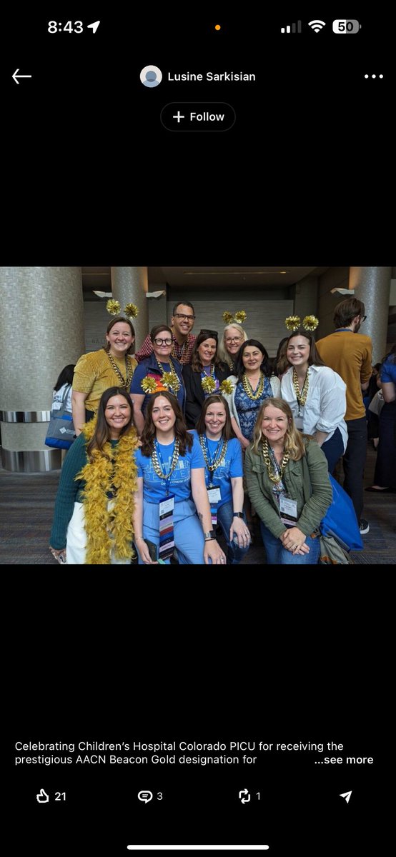 TheDirectorDoc's tweet photo. @AACNme and @ChildrensColo celebrating the PICU and their #BEACONGOLD award for exceeding alignment with #AACNs six domains of #healthyworkenvironment come visit us in the pediatric learning center at #NTI2024 https://t.co/CcEojG1FTk