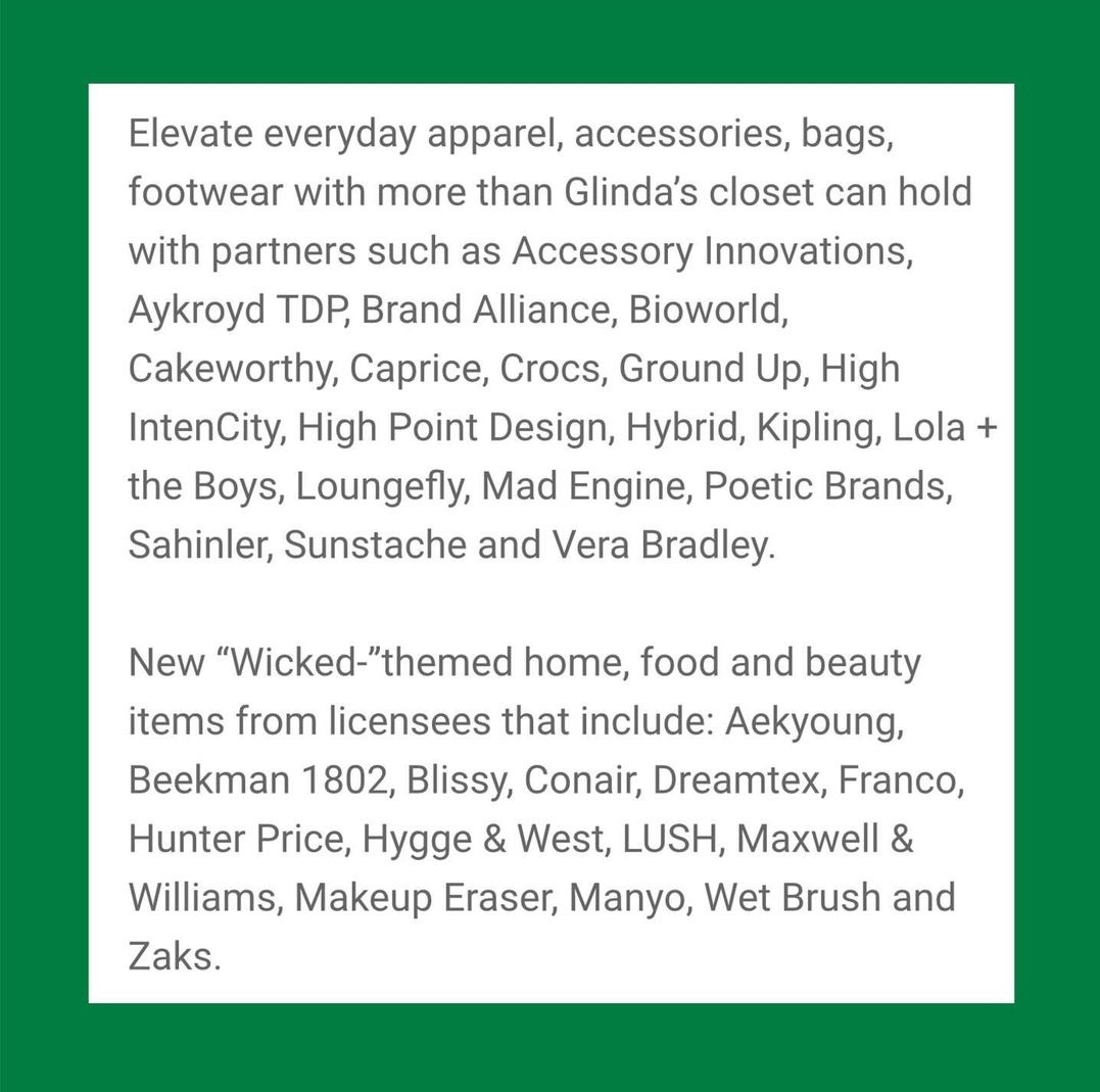 wickedupdate's tweet photo. License Global has released an article revealing several of the partnerships we will be seeing from WICKED, such as accessories, bags, costumes, toys, home, food, and beauty items!

(via: themediaofoz on Instagram) https://t.co/Jo3fEjZLpN