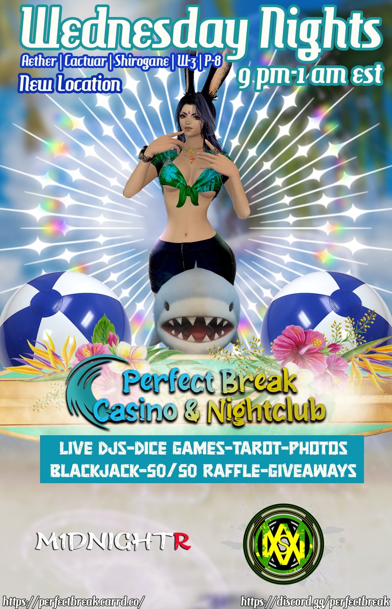 Perfectbreakxiv's tweet photo. Come hang loose with us at Perfect Break Casino and Nightclub!! 
We offer a wide variety of services, including Private Readings and a Photo Booth.   Stocked Bar, giveaways, Raffle, and good vibes all around!
#ffxiv #FF14 #ffvenues #aether #cactuar #shirogane #beach #goodvibes https://t.co/N1r1AE0ZYd