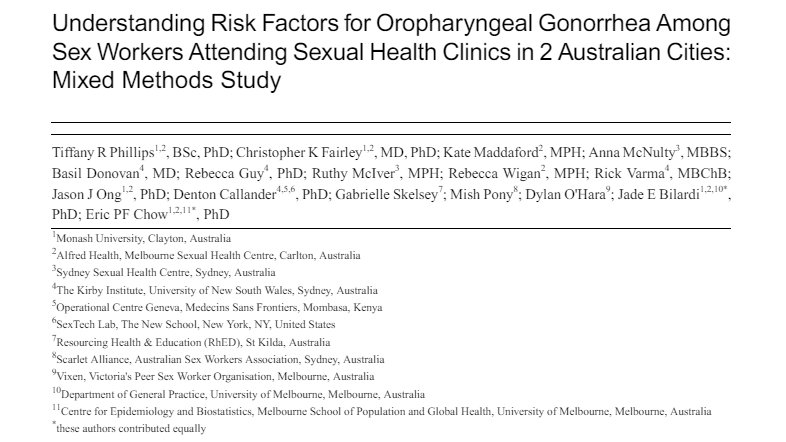 MSHC Research (@mshcresearch) on Twitter photo New paper out from @drtrphillips in <a href="/JMIR_PH/">JMIR Public Health and Surveillance</a> exploring risk factors for oropharyngeal gonorrhea among sex workers attending two sexual health clinics in Australia: publichealth.jmir.org/2024/1/e46845/
<a href="/AlfredHealth/">The Alfred</a> <a href="/MSF/">MSF International</a> <a href="/unimelbMSPGH/">Melbourne School of Population and Global Health</a> <a href="/Alfred_Research/">Alfred Research Alliance</a> New paper out from @drtrphillips in <a href="/JMIR_PH/">JMIR Public Health and Surveillance</a> exploring risk factors for oropharyngeal gonorrhea among sex workers attending two sexual health clinics in Australia: publichealth.jmir.org/2024/1/e46845/
<a href="/AlfredHealth/">The Alfred</a> <a href="/MSF/">MSF International</a> <a href="/unimelbMSPGH/">Melbourne School of Population and Global Health</a> <a href="/Alfred_Research/">Alfred Research Alliance</a>