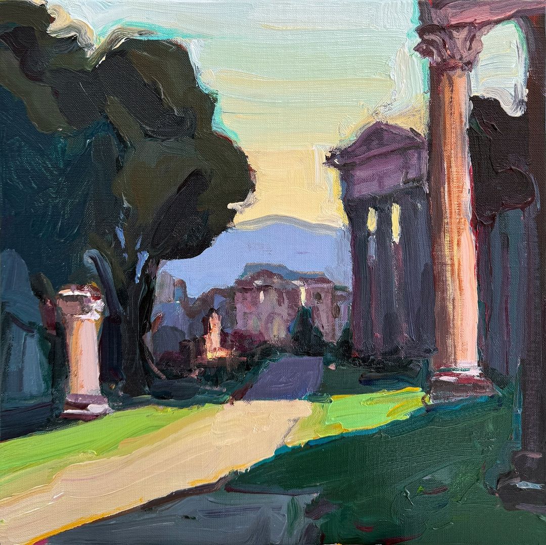 🇮🇹 How wonderful to be back in Rome for the first time since 2008. The sun is shining and the paints are out. I am going to try and paint little snippets of our daily experiences in Italy, beginning with this one… “Golden Hour at the Forum”, 30X30cm. #italyholiday #romanforum