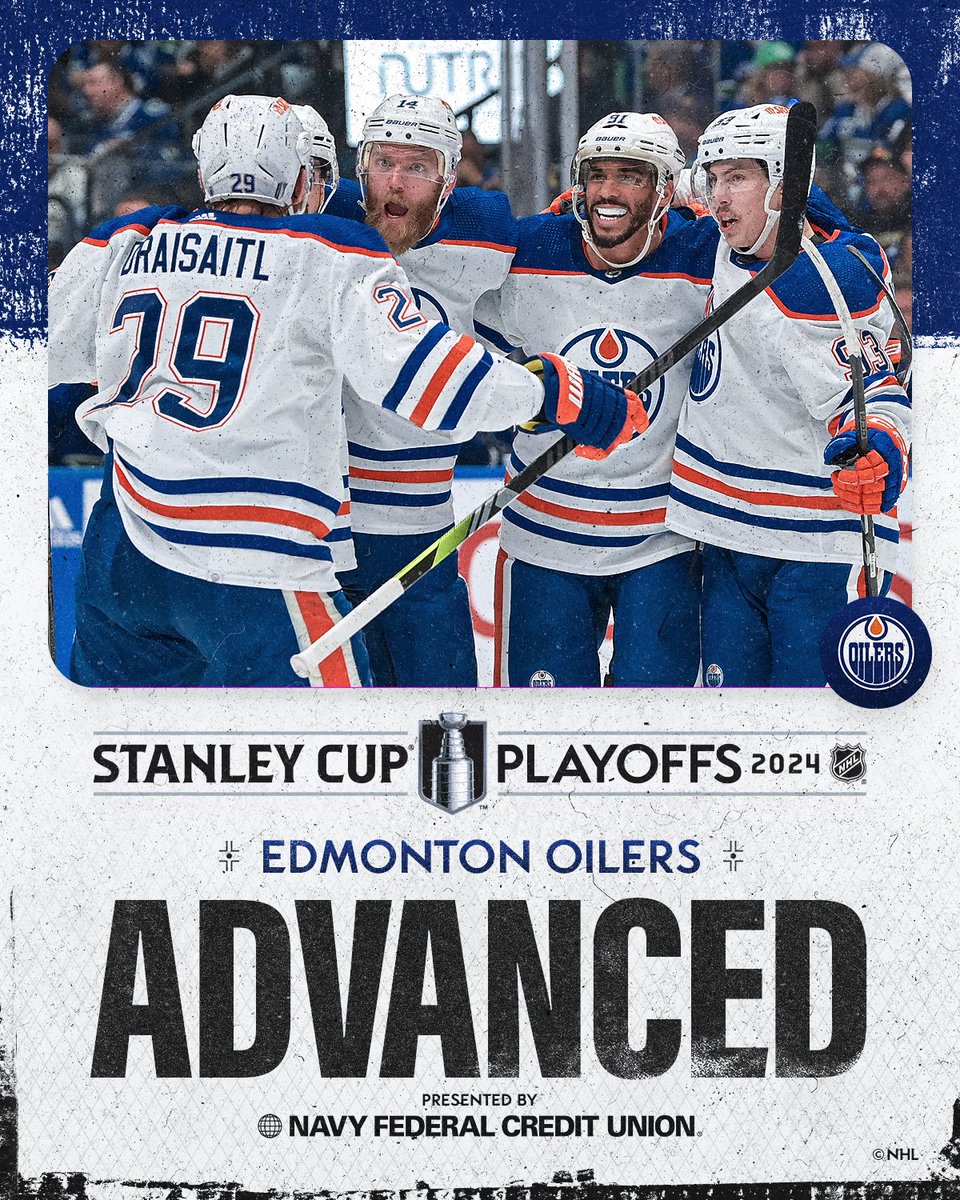 NHL (@nhl) on Twitter photo THE OILERS ARE MOVING ON! ๐ ๐ต
The <a href="/EdmontonOilers/">Edmonton Oilers</a> are the final team to advance to the Conference Finals! #StanleyCup
Presented by <a href="/NavyFederal/">Navy Federal Credit Union</a> THE OILERS ARE MOVING ON! ๐ ๐ต
The <a href="/EdmontonOilers/">Edmonton Oilers</a> are the final team to advance to the Conference Finals! #StanleyCup
Presented by <a href="/NavyFederal/">Navy Federal Credit Union</a>