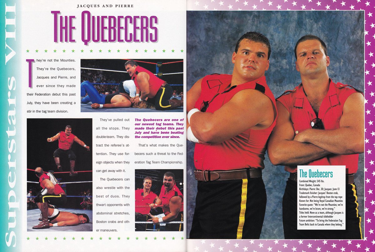 They're not the Mounties! Profile of The Quebecers from the 1993 WWF Superstars VIII Magazine. #WWF #WWE #Wrestling #JacquesRougeau #PierreOuellet