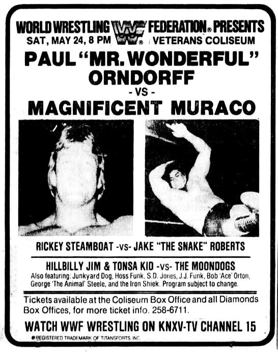 On this day in 1986: The World Wrestling Federation at the Arizona Veterans Memorial Coliseum in Phoenix, Arizona! 🤼 #WWF #WWE #Wrestling #DonMuraco #PaulOrndorff