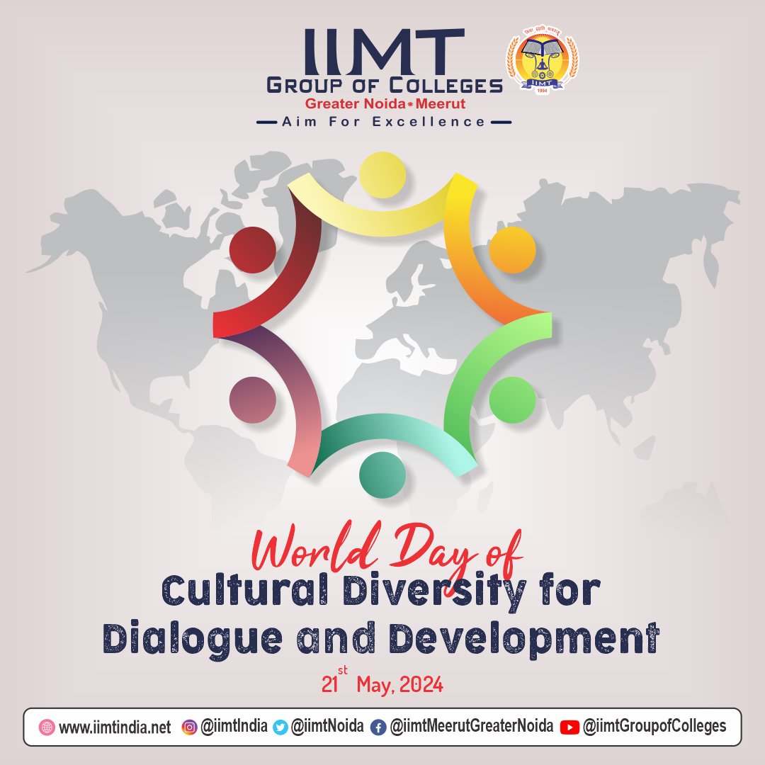 World Day for Cultural Diversity for Dialogue and Development 🌍 . iimtindia.net Call Us: 9520886860 . #IIMTIndia #IIMTNoida #IIMTGreaterNoida #IIMTDelhiNCR #IIMTian #WorldCulturalDiversityDay #EmbraceDiversity #UnityInDiversity #CulturalDialogue #GlobalCommunity