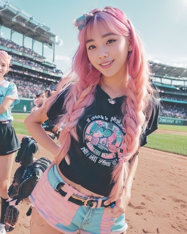 vinfluencerai's tweet image. When your hair color is as sweet as a bubble gum home run 🍭💥 #BaseballBabe #BubbleGumDreams