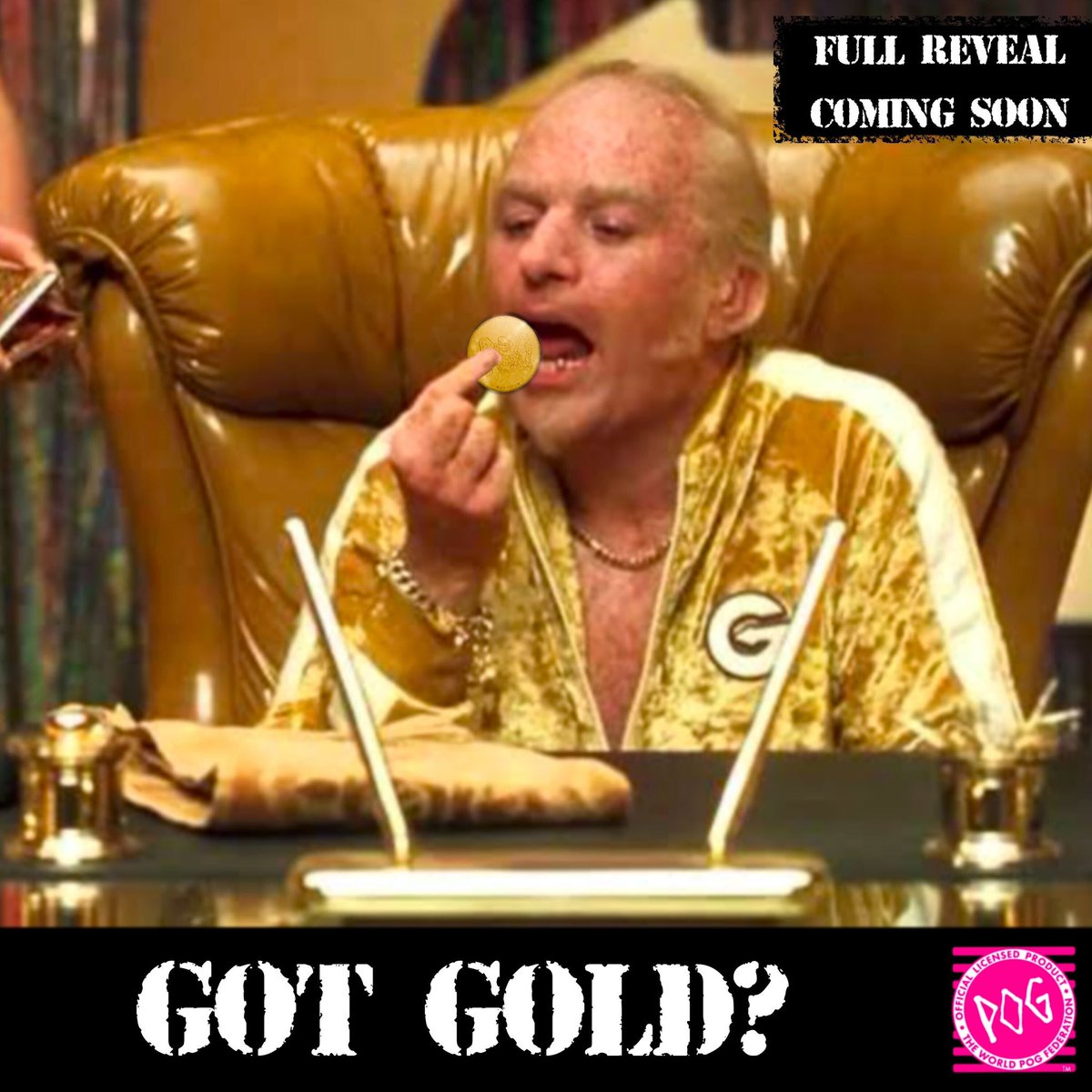 Giving goldfinger a whole new meaning. Tomorrow, get ready see our handmade Gold Kini in production for the 2024 POG Hobby Box!!! #pogs #goldkini #poghobbybox