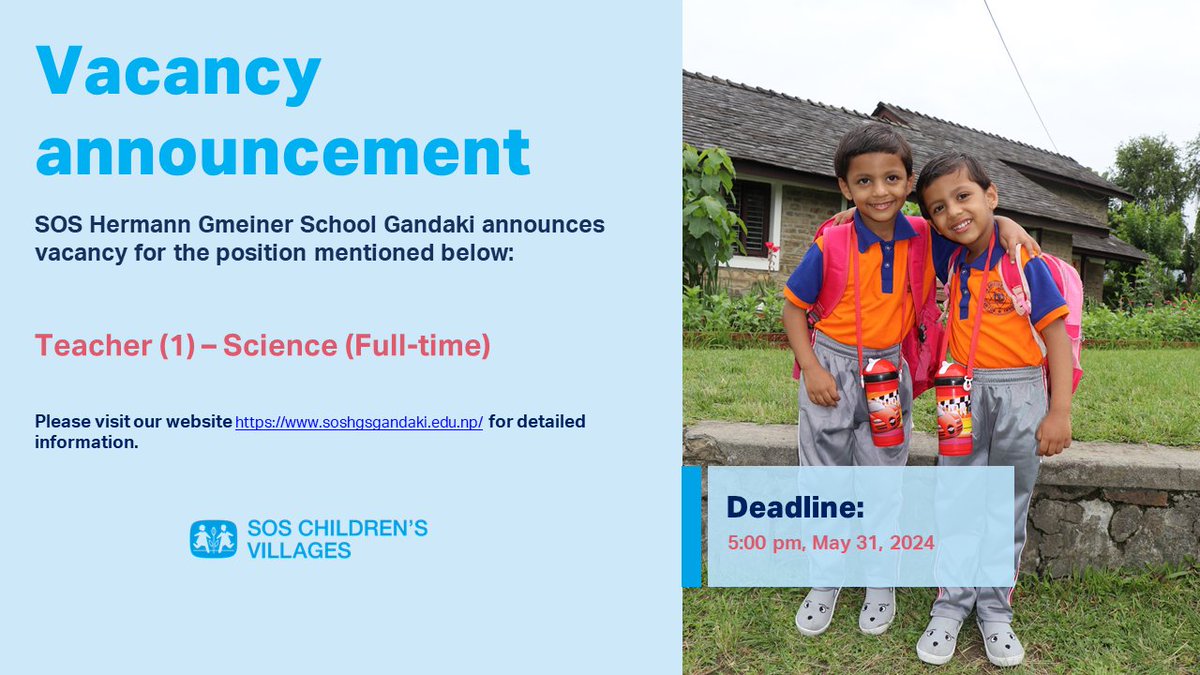 SOSCVsNepal's tweet photo. Join our team at SOS Hermann Gmeiner School Gandaki! We are looking for a passionate educator to fill the following position:

– Teacher (1): Science (Full-time)

Check out https://t.co/UJWyHx7BxI for more details.

Don't miss out on this exciting opportunity! 📚✨ https://t.co/b4jrBX9zE0