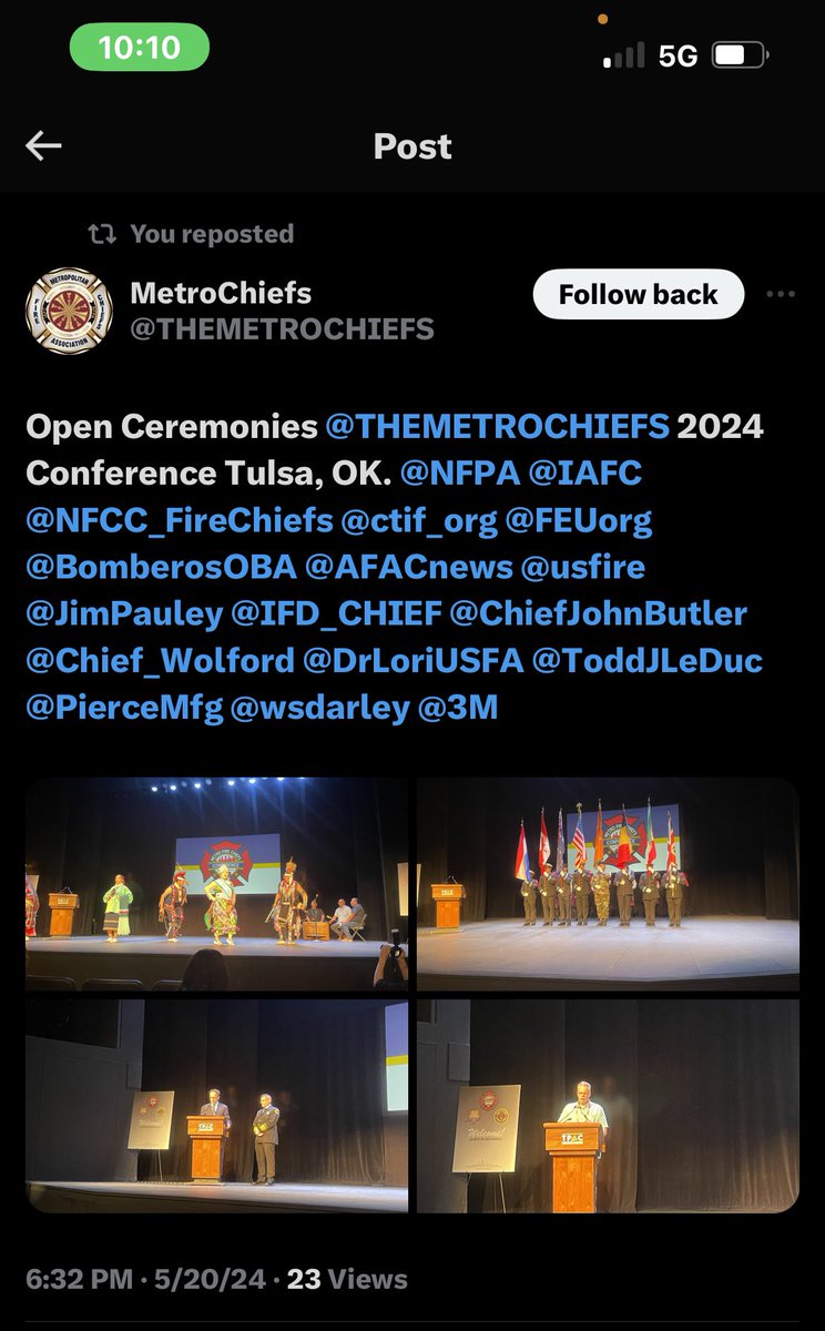 On the ground @THEMETROCHIEFS opening ceremonies with @iafc @NFPA @LifeScanSaves platinum sponsor 👏@Chief600KJ @ChiefRubin @PIOMarkBrady @ChiefOttoDrozd @usfraorg @cityoftulsagov @TulsaFire @5AlarmTaskForce @floridaFFsafety @ChiefJoeFinn @DrLoriUSFA @saraanne71 @fireengineering