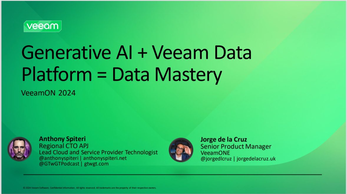 Less than two weeks till #VeeamON A rejig to the working title to better reflect the awesome stuff @jorgedlcruz and I will be talking about and live demoing during the session. The power of the Veeam Data Platform with modern Generative AI tooling to unlock the data and gain
