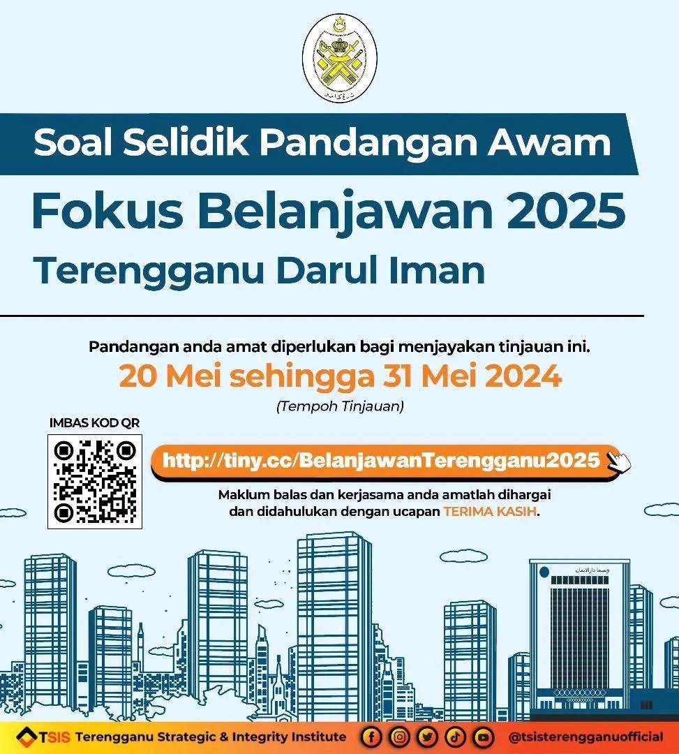 Terengganu Strategic & Integrity Institute (TSIS) sedang melaksanakan soal selidik mengenai pandangan awam yang memfokuskan Belanjawan Terengganu tahun 2025.

Ia dilaksanakan bertujuan untuk mendapatkan maklum balas daripada pelbagai segmen rakyat bagi dijadikan asas dalam