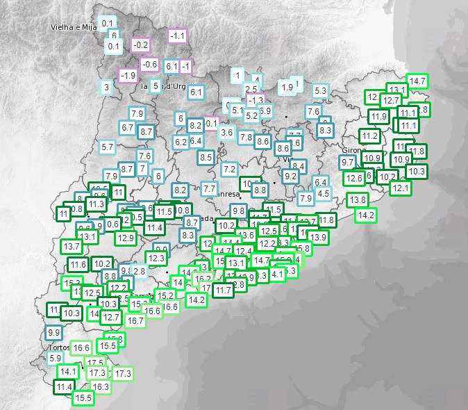 Bon dia! Temperatures actuals (ºC): Barcelona 14-17, Tarragona i Amposta 17, Lleida 10, Girona 11, Vic 8, Constantí 15, Sant Sadurní d'Anoia 12 i Puigcerdà 4.