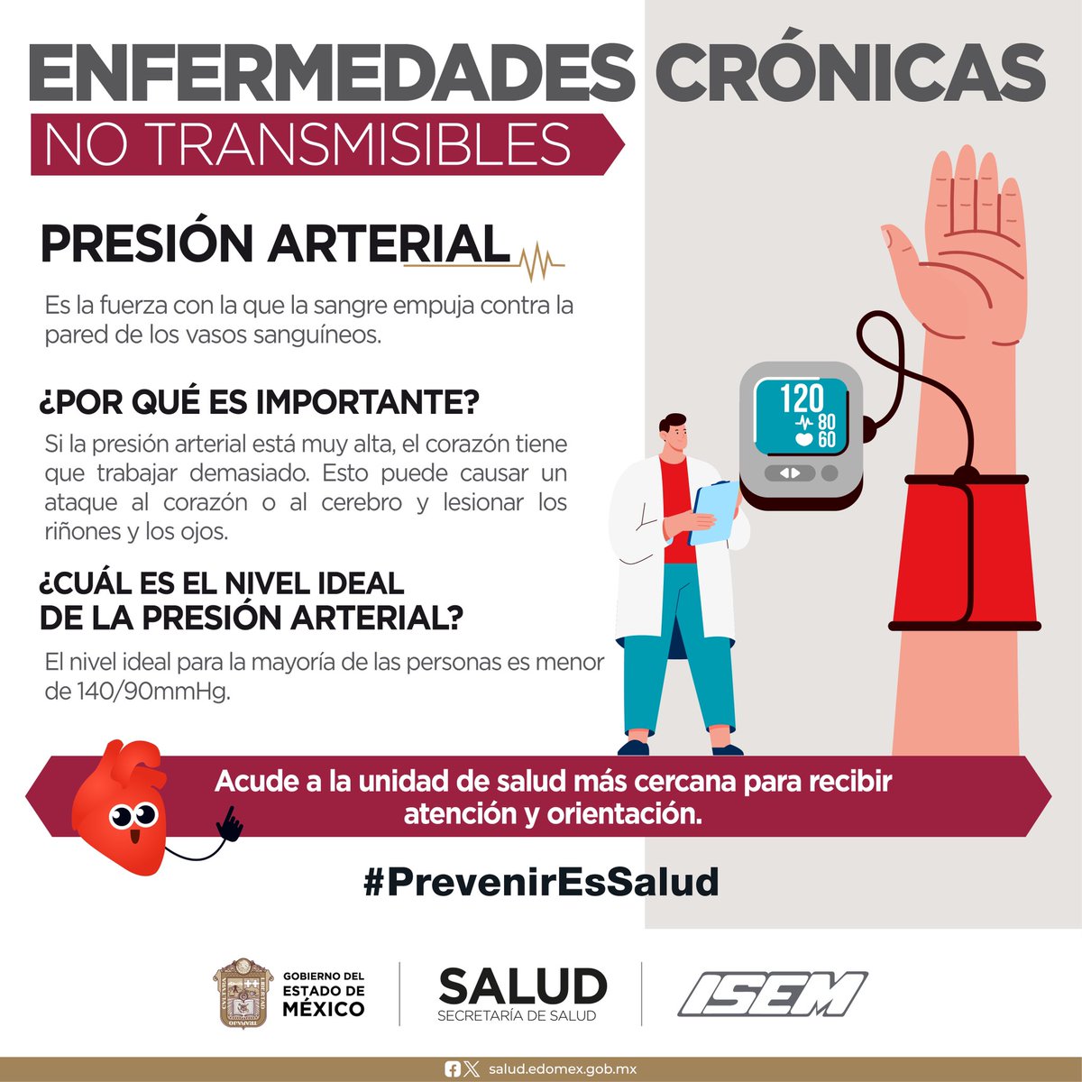 Controla tu #PresiónArterial La presión arterial es la fuerza que ejerce la sangre contra las paredes de las arterias. Es importante checarla constantemente, ya que la hipertensión suele ser asintomática. #PrevenirEsSalud #EnfermedadesCrónicas