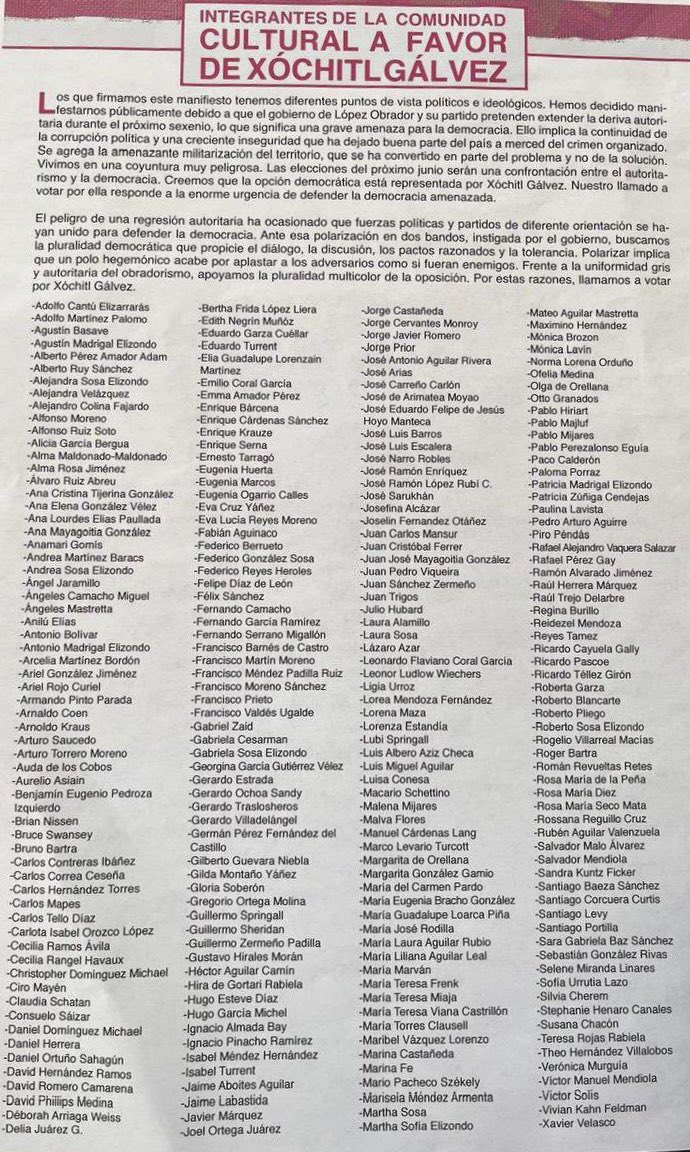 ¡Importante!

300 intelectuales mexicanos llaman a votar por Xóchitl Gálvez 

Hoy es un gran día para México, intelectuales como Angeles Mastretta, Roger Bartra, Consuelo Sáizar, Enrique Krauze, Federico Reyes Heroles, Héctor Aguilar Camín, José Sarukhán, Jorge Castañeda, María