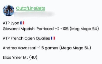 Capperleaked's tweet image. #CaliforniaWager
#OutoflineBets 
#KIMS vip 

#NEWMARK BETS

ATP Lyon 
Sonego -1.5 -120 (4.5u)
Munar ML -145 (3.5u) (rain rollover)
ATP Geneva 
Shapovalov ML -135 (4u)
Shelton ML -130 (4u)
Hanfmann ML -130 (3.5u) (rain rollover)
