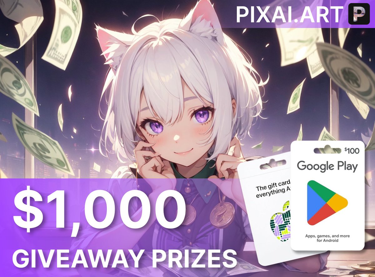 PixAI_Official's tweet photo. 🚨✨ Join PixAI's May Giveaway for a chance to win a $100 App Store/Playstore Gift Card! 🎁💸

US participants only: https://t.co/9uPwfJV9Sc

Follow these 3 steps:
1️⃣ Visit https://t.co/6mMazGr2Jj
2️⃣ Like & Retweet this post
3️⃣ Follow @PixAI_Official

Prizes: $100, $50, and two $20 Gift Cards! Winners can choose AppStore or Playstore. 
📅 Must be 18+ and US resident.
Good luck! 🍀

#aiart #GiftCardGiveaway #pixai