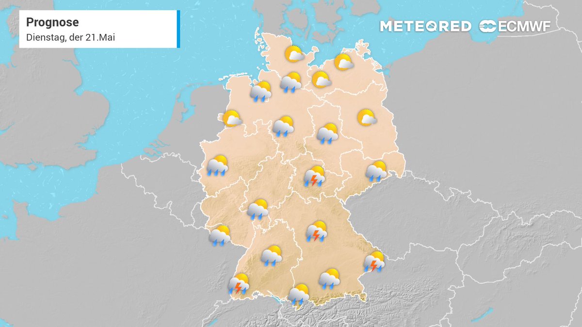 #WetterHeute Viele Unwetter in einem Streifen einmal quer über Deutschland. Es drohen Überschwemmungen!⚡️ 🗺️Mehr Wetterkarten unter: daswetter.com/wetterkarten/