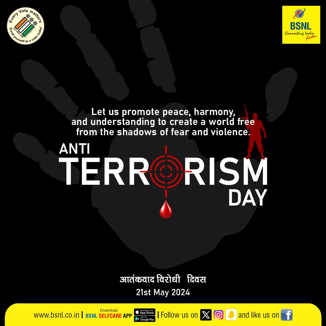 #AntiTerrorismDay, a reminder of the devastating impact of terrorism on lives and societies. Let's unite to create a future where love and compassion prevail over hatred and division.

#NationalAntiTerrorismDay #BSNL #UnitedAgainstTerrorism