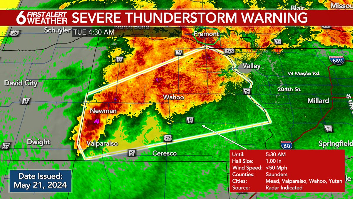 FIRST ALERT: A Severe Thunderstorm Warning is currently in effect for Saunders counties until May 21 5:30AM. Check the WOWT First Alert Weather app and 6 News on air for more information.