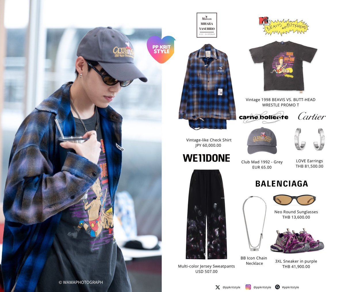 PP KRIT STYLE : #โอโมxPPkrit

#Balenciaga Neo Round Sunglasses, BB Chain Necklace and 3XL Sneaker
#Cartier LOVE earrings and ring 
#MaisonMIHARAYASUHIRO Vintage-like Check Shirt
#WE11DONE Multi-color Jersey Sweatpants
#CarneBollente Club Mad 1992 - Grey

#ppkritt #ppkritstyle