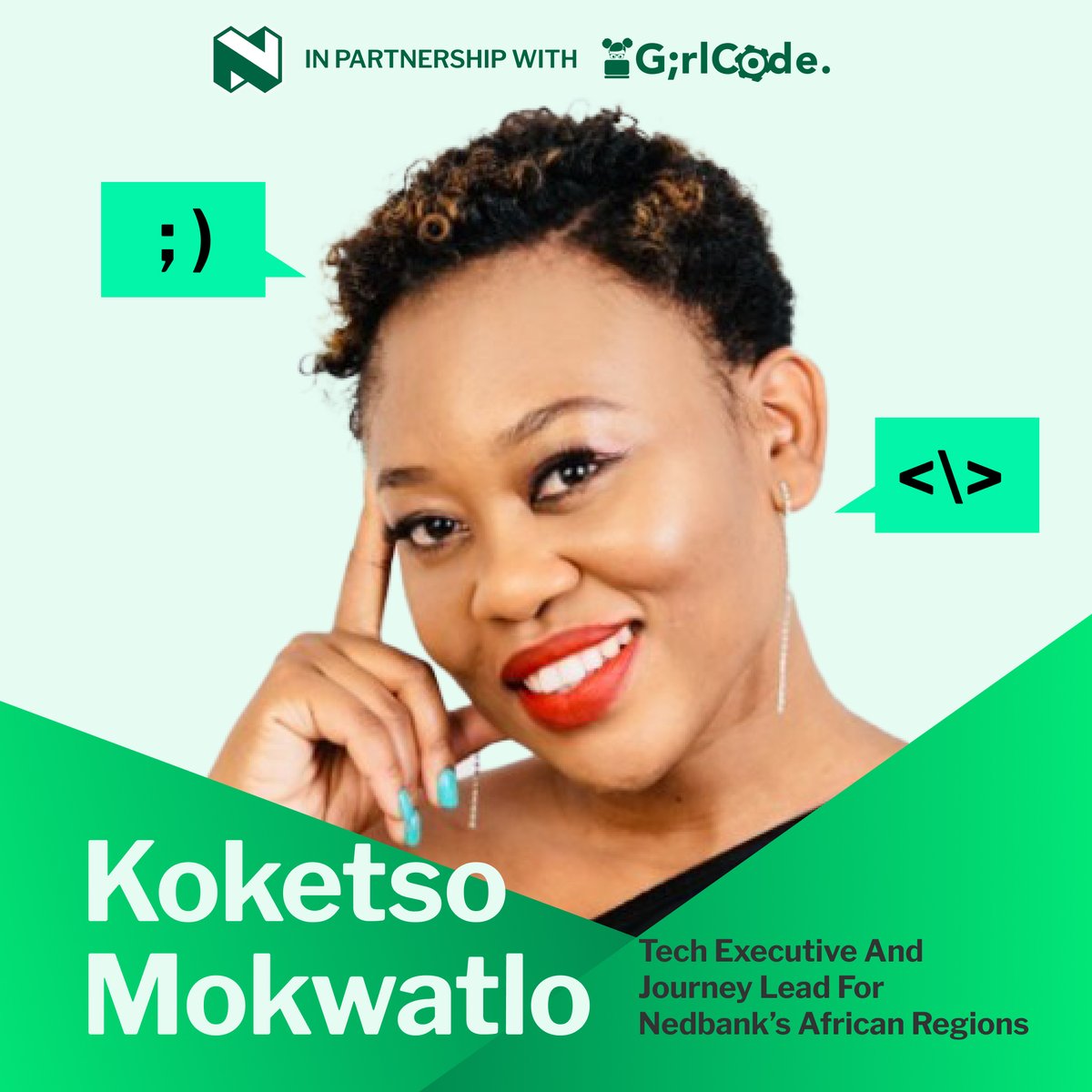 Koketso Mokwatlo is the Tech Executive and Journey Lead for Nedbank’s African Regions. She has extensive knowledge spanning over 16 years specialising in Strategy, Project Management and Technology. She is sharing her journey in IT with our delegates today. #NedbankXGirlCode
