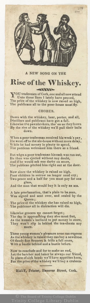 This slip ballad printed in Cork in the 1860s features 'A new song on the rise of the whiskey'. Discover more popular ballads in the J.D. White collection deposited in the DRI Repository by @tcdlibrary doi.org/10.7486/DRI.h4… #CuardaighDoChartlann #ExploreYourArchive