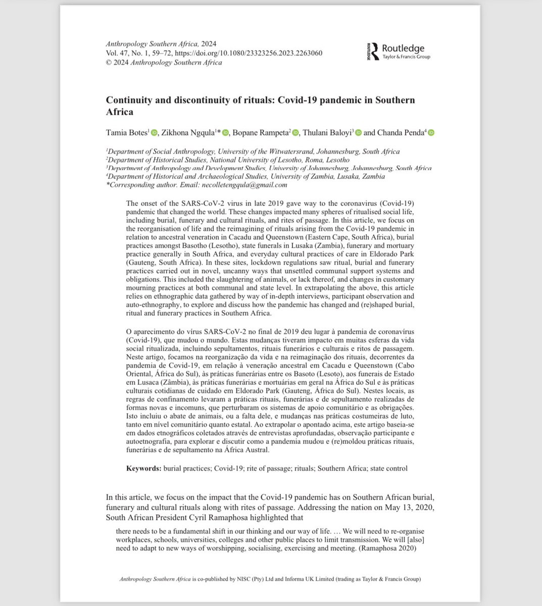 Anthropology Southern Africa Association (ASnA) (@asnainfo) on Twitter photo Meet the amazing <a href="/Zee_Ngqula/">Zikhona Ngqula</a>
For our latest special issue, Zikhona brings important perspectives from the rural Eastern Cape, Lady Frere on the impact of COVID-19 on rituals and funerary practices.
Link to Zikhona and colleagues paper: tandfonline.com/doi/abs/10.108…
✨ Meet the amazing <a href="/Zee_Ngqula/">Zikhona Ngqula</a>
For our latest special issue, Zikhona brings important perspectives from the rural Eastern Cape, Lady Frere on the impact of COVID-19 on rituals and funerary practices.
Link to Zikhona and colleagues paper: tandfonline.com/doi/abs/10.108…
✨